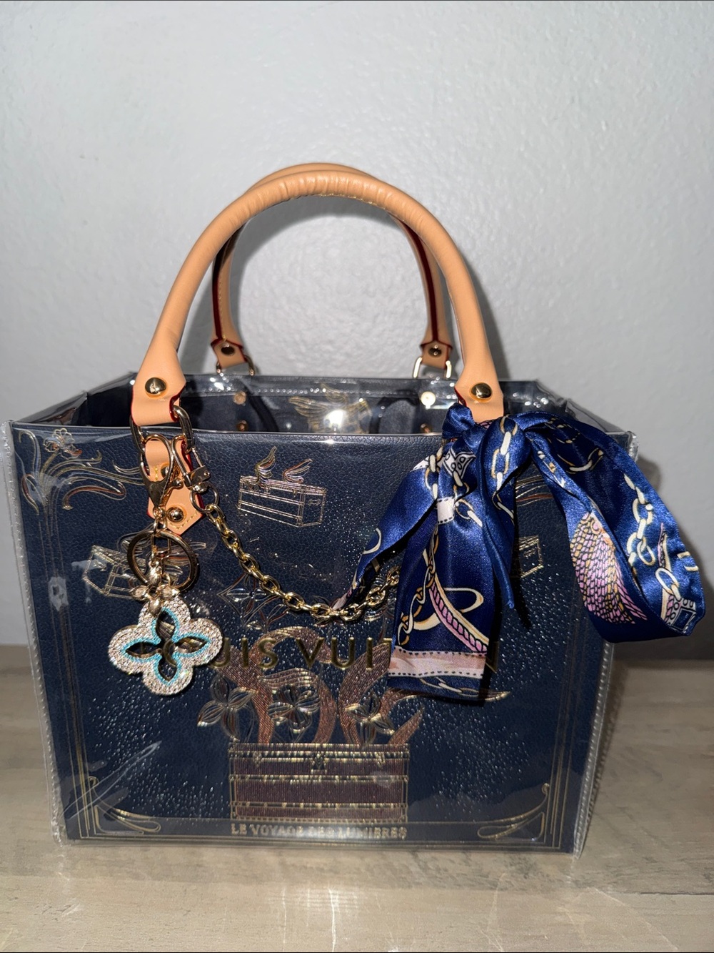 Louis Vuitton Elegant Navy and Gold Tote Handbag with extras